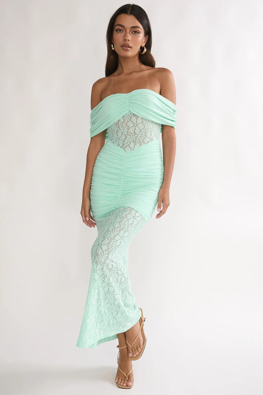 Silver Moon Off-Shoulder Maxi Dress Floral Mint